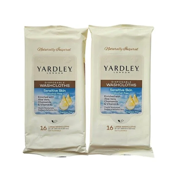 Yardley London disposable washcloths 16ct (2pack) 32 wipes total