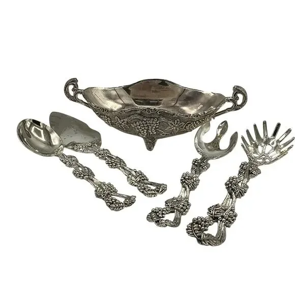 Vtg Godinger Silver Plated Footed Bowl & Set of 4 Serving Utensils Grape Pattern