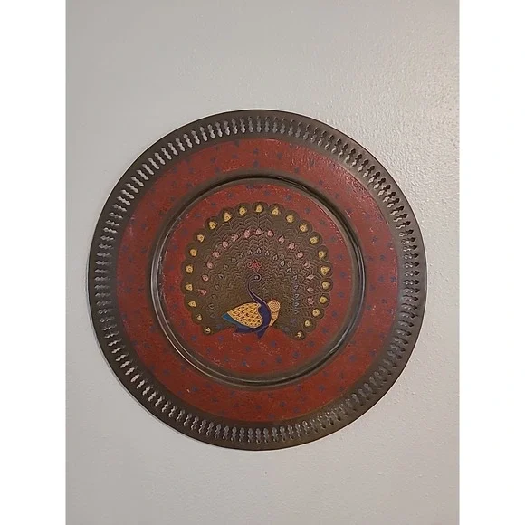Vintage Floral Etched Painted Brass Peacock Decorative‎ Plate Wall Hanging 13.5