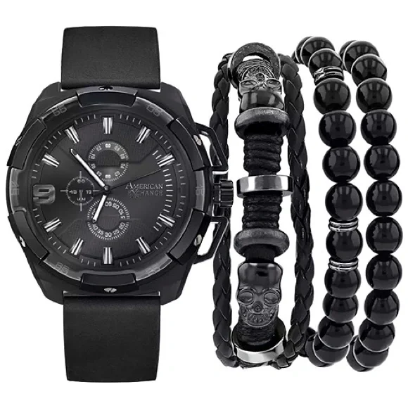 American Exchange Men's Black Polyurethane Strap Watch 40mm Gift Set