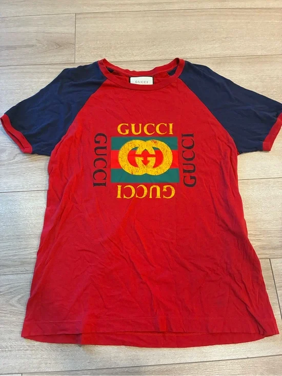 Gucci Men’s Red Printed Jersey Crew Neck Modern Future T-shirt Distressed Size S