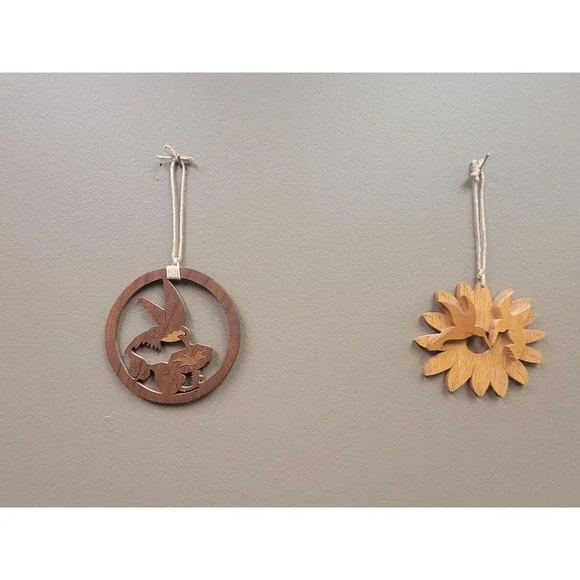 Hand Carved Wooden Bird Ornaments – Pair of Folk Art Hanging Decorations