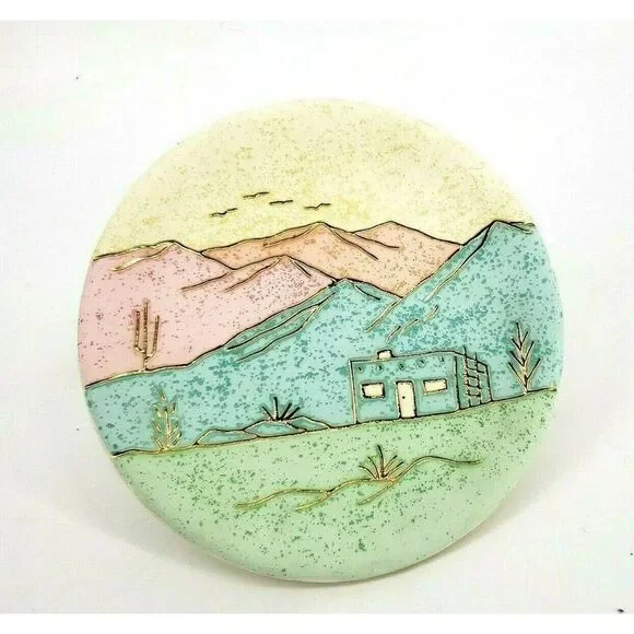 Home Decor Wall Plate Cactus Adobe Mountain Desert Scene Clay‎ Southwestern