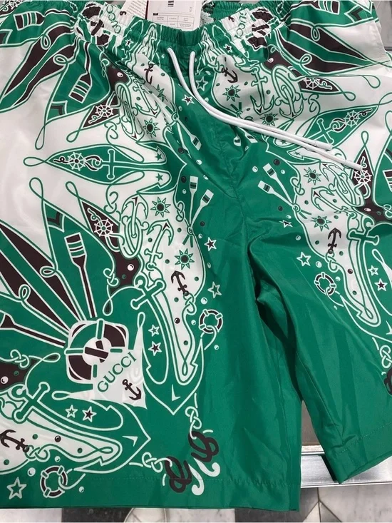 Gucci Green White Brown Logo-Trim Swim Shorts