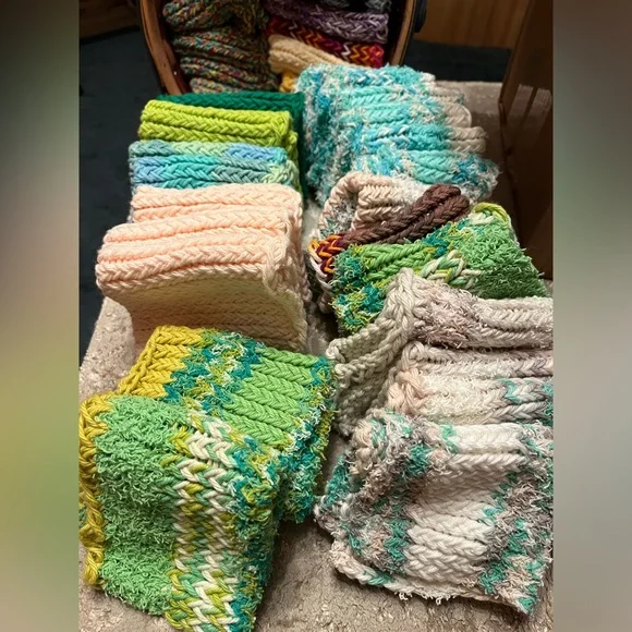 Handmade Hand Knitted Cotton Washcloths / Dishcloths Set of 3 Random Colors
