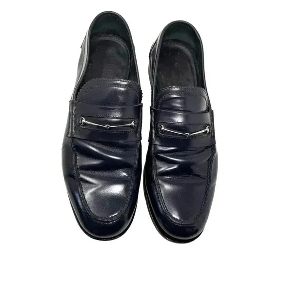Gucci Mens black smooth leather horsebit loafers shoes size 8.5