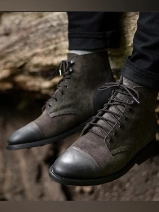 Thursday Captain Lace Up Boots Driftwood Mixed Leather Suede Cap Toe Size 12.5