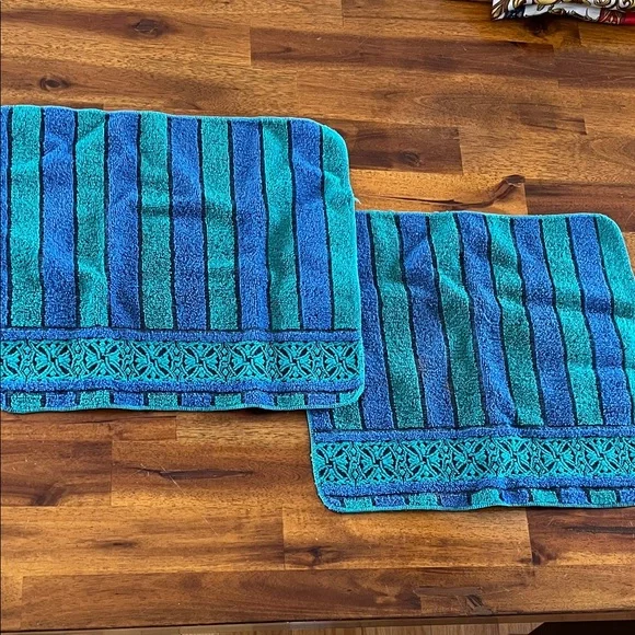 2 Style House Green & Blue Striped Wash Cloths Vtg Montgomery Ward *READ*