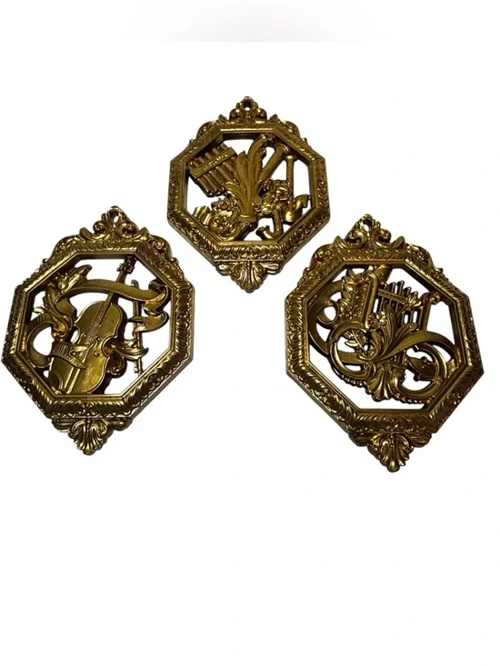 Dart Industries Homco Gold Hollywood Regency Musical Instrument Wall Plaques (3)