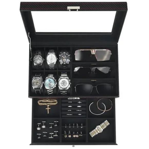 Watch Jewelry Box Organizer 6-Slot 2-Layer Watch Case and Sunglasses Storage