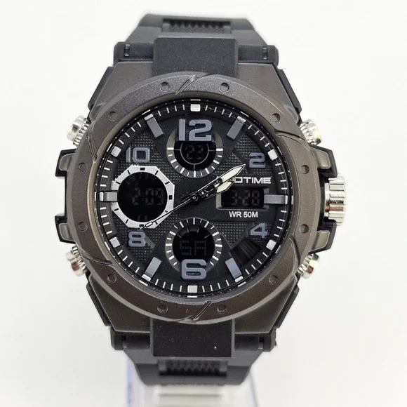 Findtime Men's Analog Digital Sports Watch 45MM Black Plastic Bands New Battery