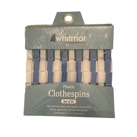 Whitmor Plastic Clothespins 50 Blue & White Sturdy No-rust Wire Springs NEW
