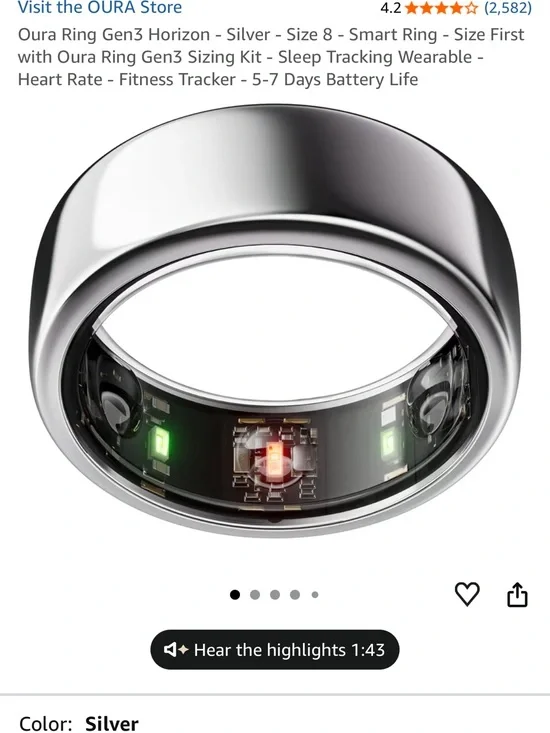 Oura Ring Gen3 Horizon Smart Ring — Silver with Black Interior