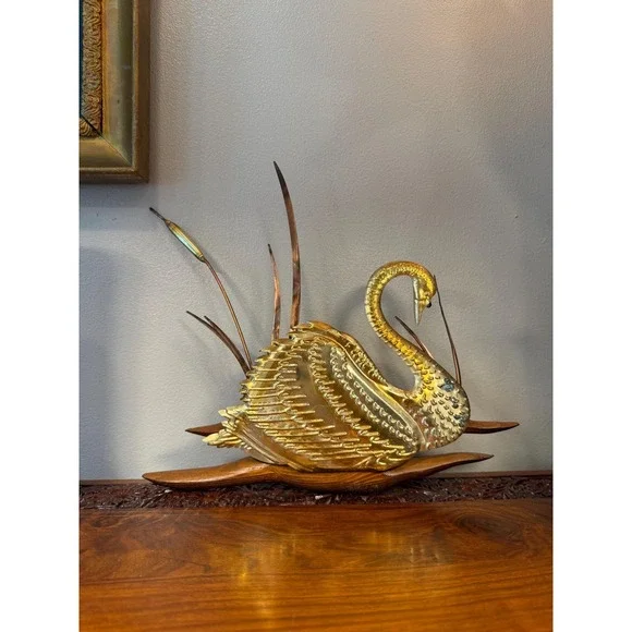 Vintage Brass Swan Wall Hanging • Mid Century Modern Bird Art