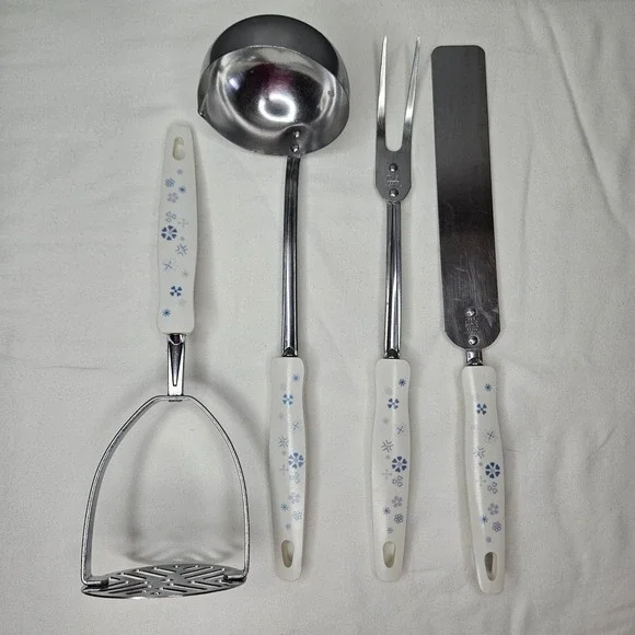 Vtg EKCO USA Stainless Steel Kitchen Utensil Set 4pc Blue Snowflake White MCM