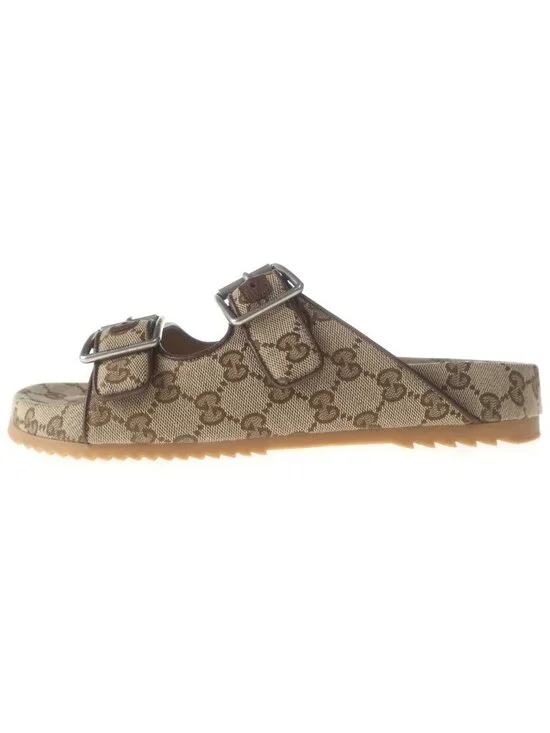 Gucci GG Logo Canvas Slide Sandals Beige