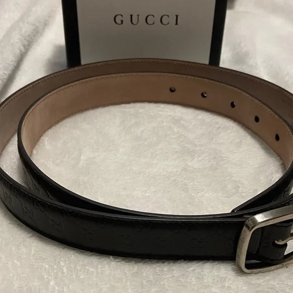 Gucci Chocolate Brown Embossed Leather GG Belt with Silver Buckle