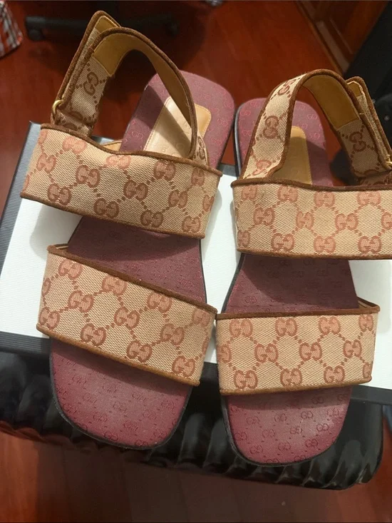 Gucci Beige & Burgundy GG Canvas Strappy Sandals