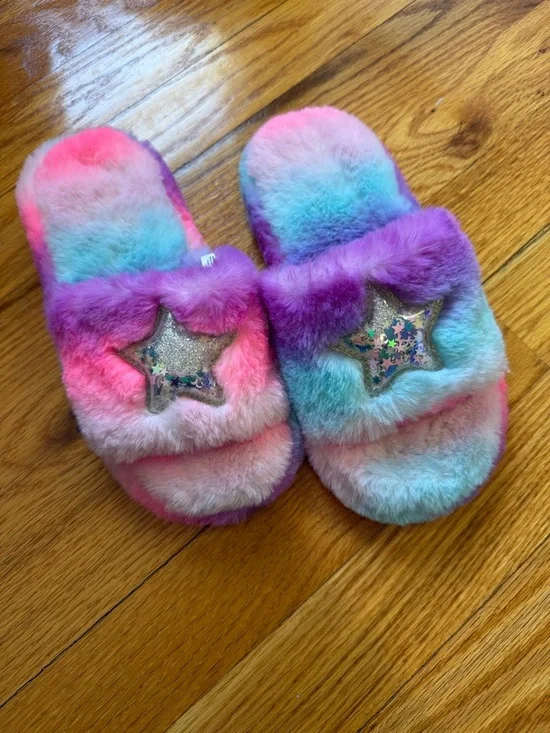 The Children's Place Girls Rainbow Faux Fur Star Slippers - Pink Purple Blue
