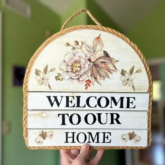 Wood Rustic Cottage Arch Floral Welcome Wall Sign Decor