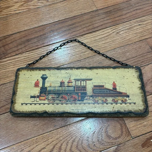Vintage Wood Train Painting Plaque. 1886 Rodgers 4-6-0 With Metal Chain