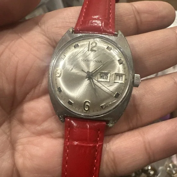 Working Vintage Sportsman Mens Day Date‎ Red Mechanical Watch Germany 34mm Fit 8