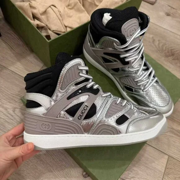 NIB Authentic Gucci Metallic Silver High-Top Sneakers