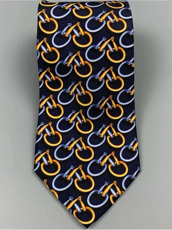 Gucci Navy Tie with Gold & Silver Bit Motif