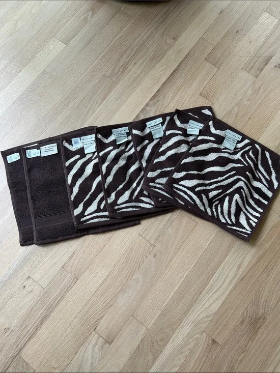 Pottery Barn Brown and Cream Zebra Print (5). Brown (3) washcloths