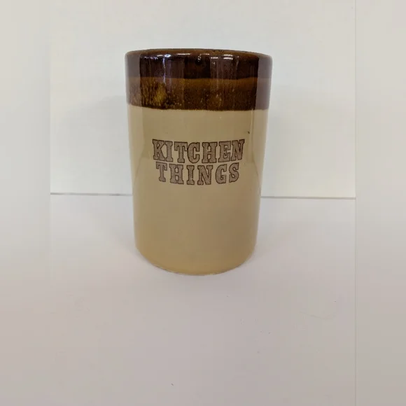 Vintage Stoneware Kitchen Utensils Holder From 1970 In Cream and Brown