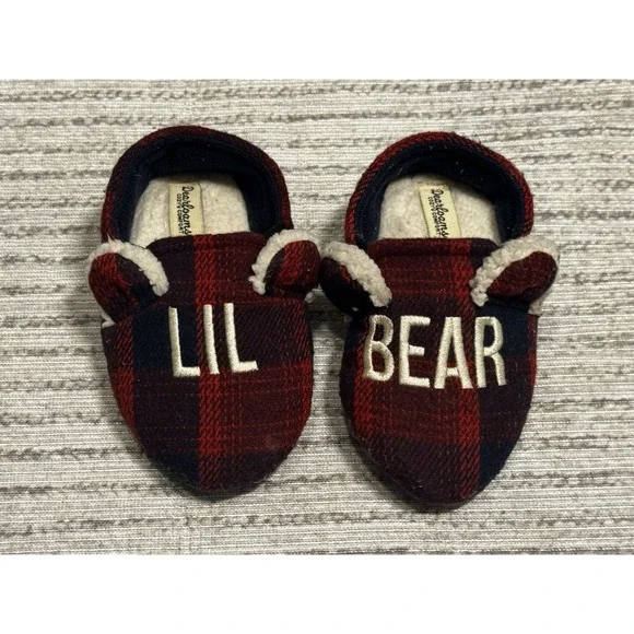 Dearfoams Lil Bear Toddler Slippers Size 7-8 Buffalo Plaid Red Black Cozy