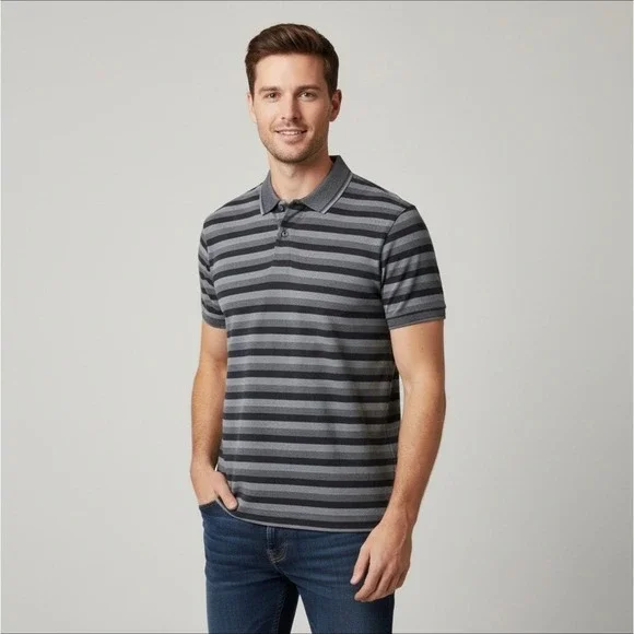 Gucci Men's Gray-Black Striped Polp Shirt - Made In Italy