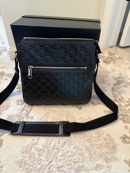 Gucci Black Embossed Signature Leather Messenger Bag