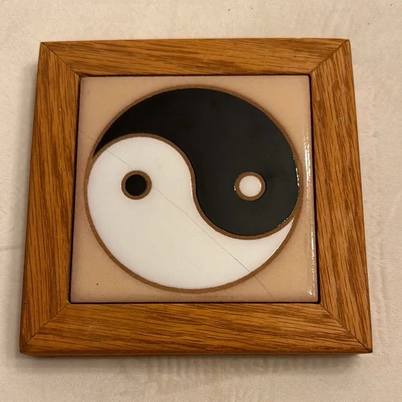 Vintage Arius Tile Co. 4in Yin Yang Ceramic Tile with Wooden Frame