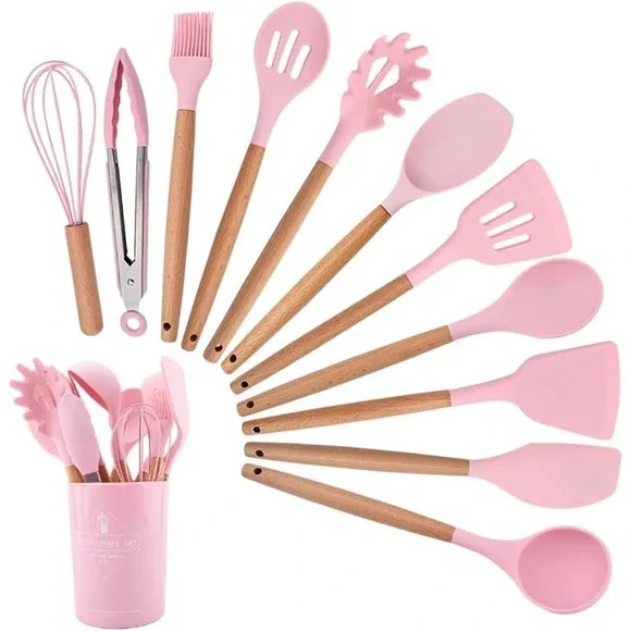 Pink Silicone Utensils Set, 12pcs Kitchen Gadgets Cooking Utensils Set, Non-stic