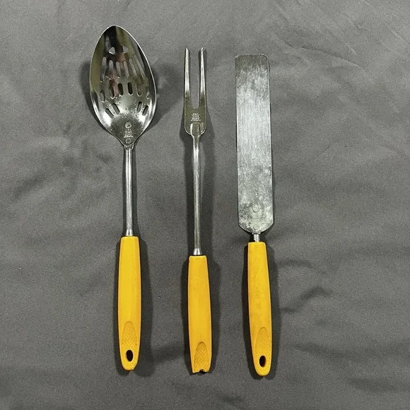 3‎ Set Vintage EKCO Forge Stainless Steel Slotted Spoon, Meat Fork, Cake Spatula