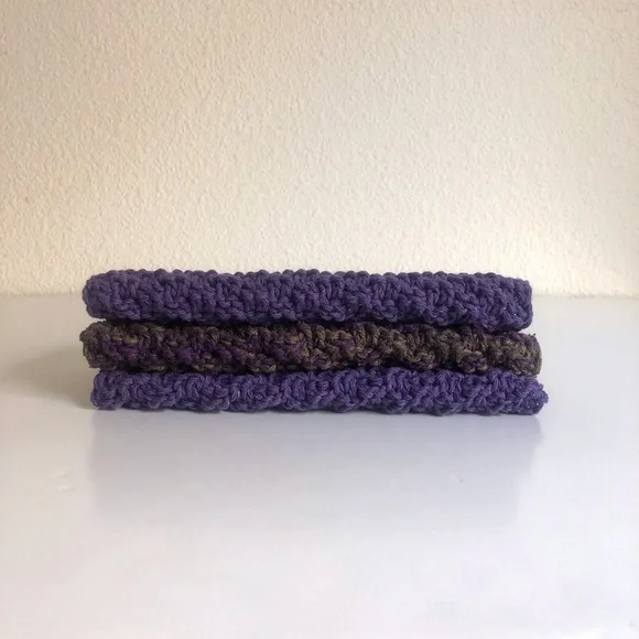 Set of 3 100% cotton hand knit washcloths - purple and green