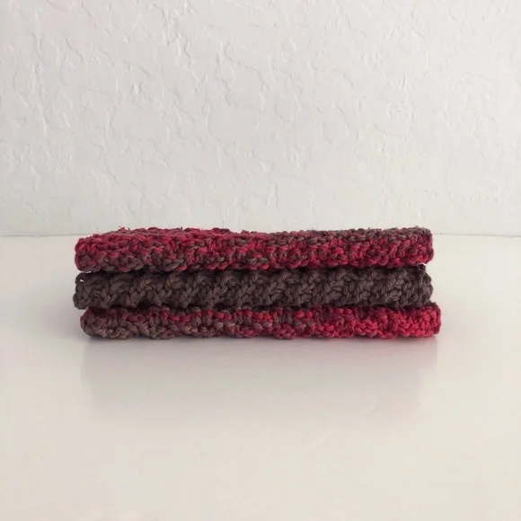 Set of 3 100% cotton hand knit washcloths - red and brown