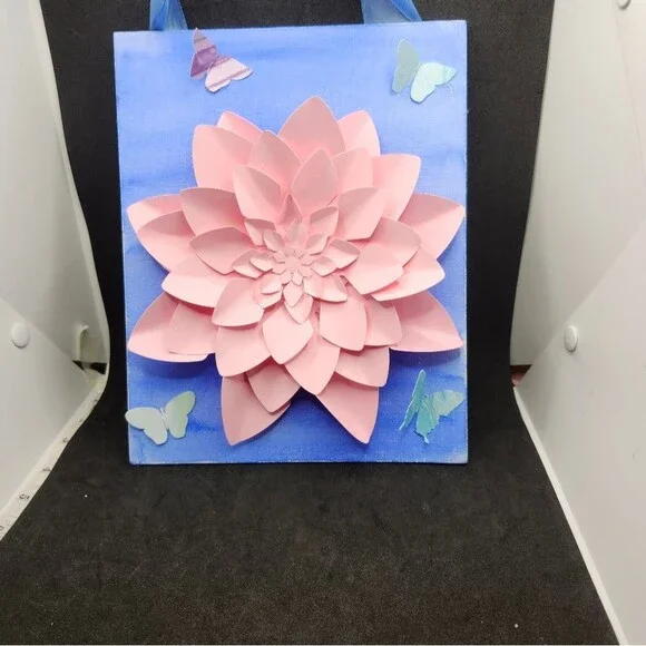 Hand Crafted 3-D Art Dahlia Canvas Floral Pink Mixed Media 8x10 inch