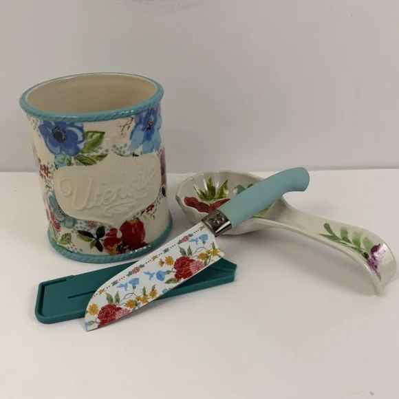 Pioneer Woman Melody Floral Mini Utensil Holder Crock Spoon Rest Knife Set