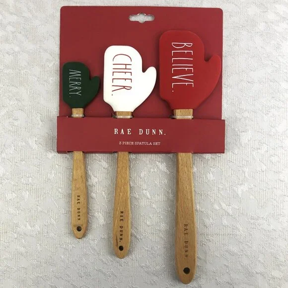 Rae Dunn Silicone Spatula Set 3 pc Believe–Cheer–Merry Holiday Kitchen Décor NWT