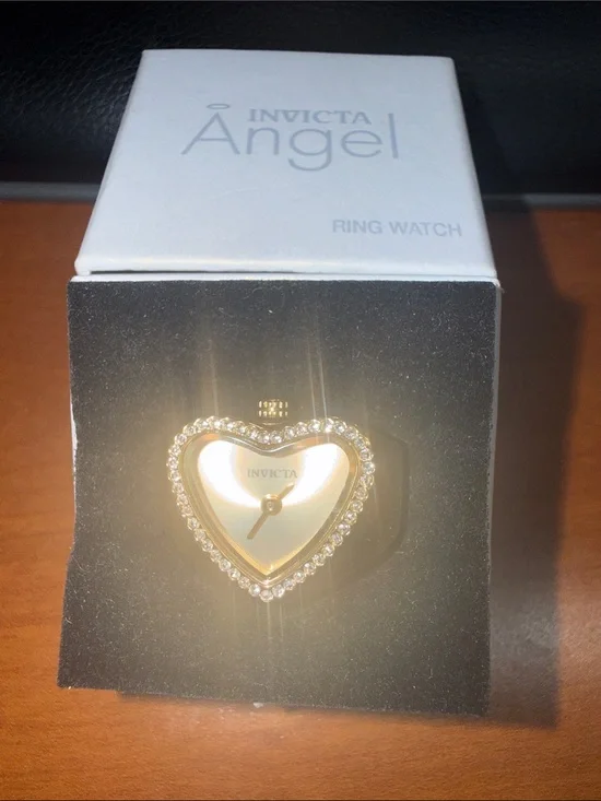 Invicta Gold Heart-Shaped Ring Watch with Crystal Halo