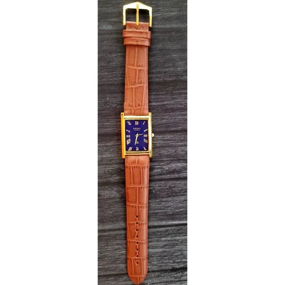 RARE NOS Seiko Men's Rectangular Tank Gorgeous Gold Case Blue‎ Dial Dress Watch