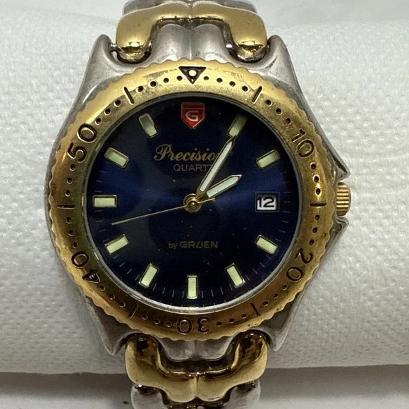 Vintage Gruen Precision Men's Watch Two Tone‎ Gold Silver-Blue Face-Not Tested