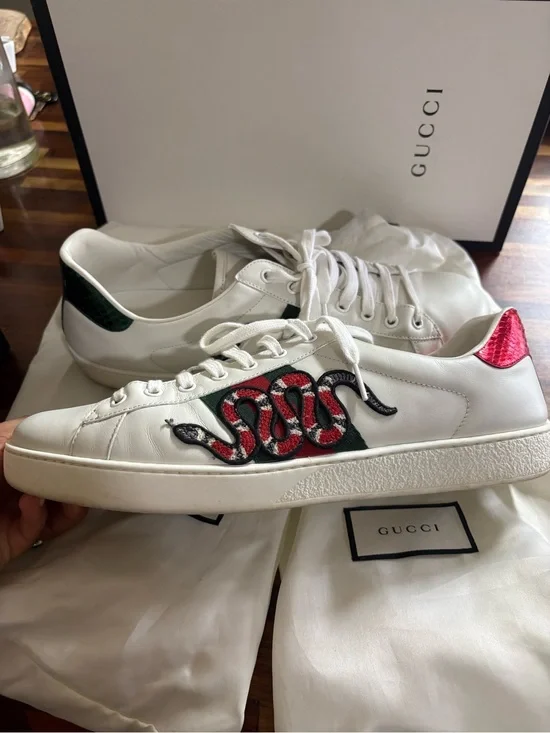 Gucci White Leather Sneakers with Red Snake Embroidery