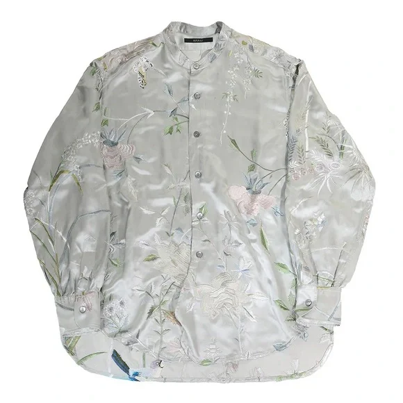 Vintage Gucci x Tom Ford SS03 Floral Bird Embroidered Silk Oversized Shirt Top
