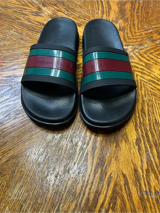 Gucci Black Slides with Green and Burgundy Stripes