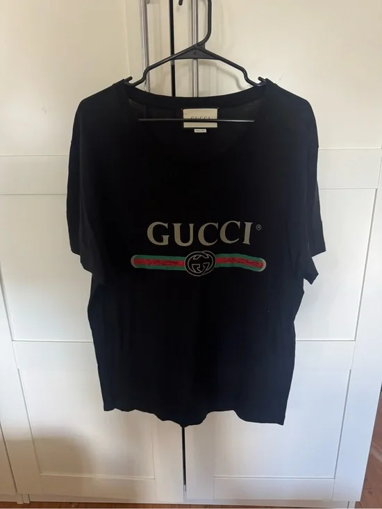 Gucci Black Tee with Green & Red Web and Gold Logo