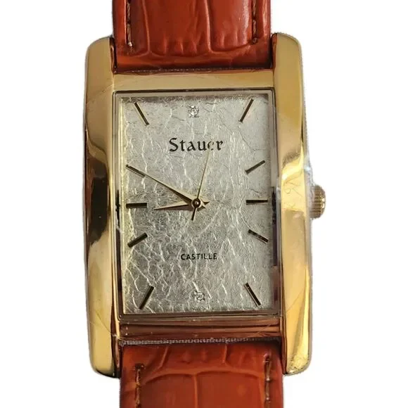 Stauer Castille Watch 26694 Stainless Steel Caseback Genuine Leather Band
