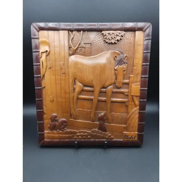 Vtg Chinese Wood Carved Horse & Puppies Picture Bamboo Style Frame Signed Mabel